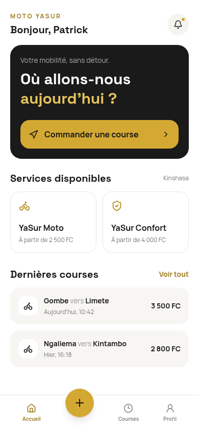 Aperçu de l’application mobile YASUR Passager : commander une course depuis Kinshasa